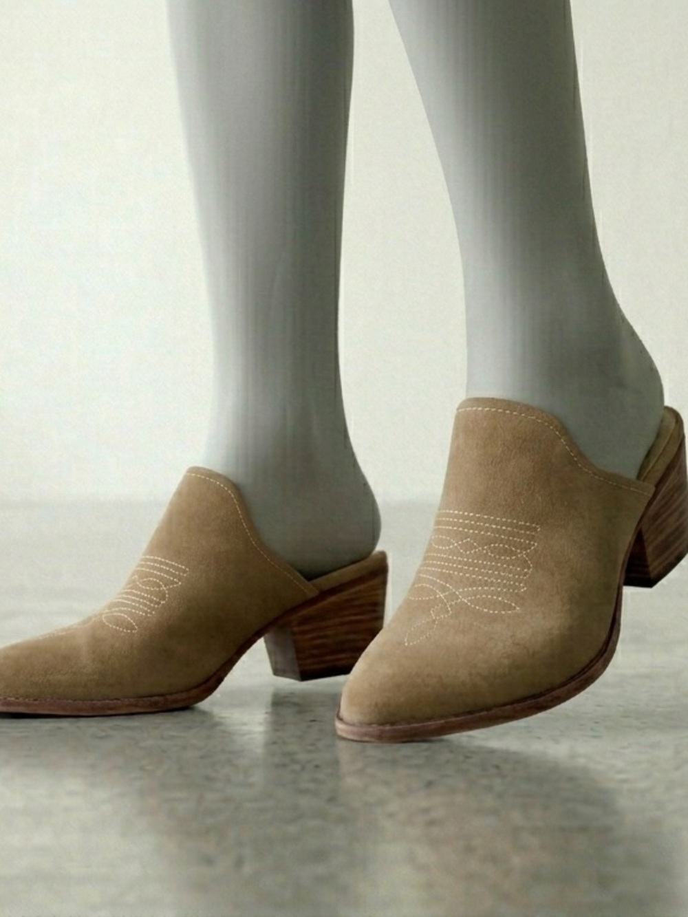 Suede Slip-On Mules in Taupe with Low Block Heel